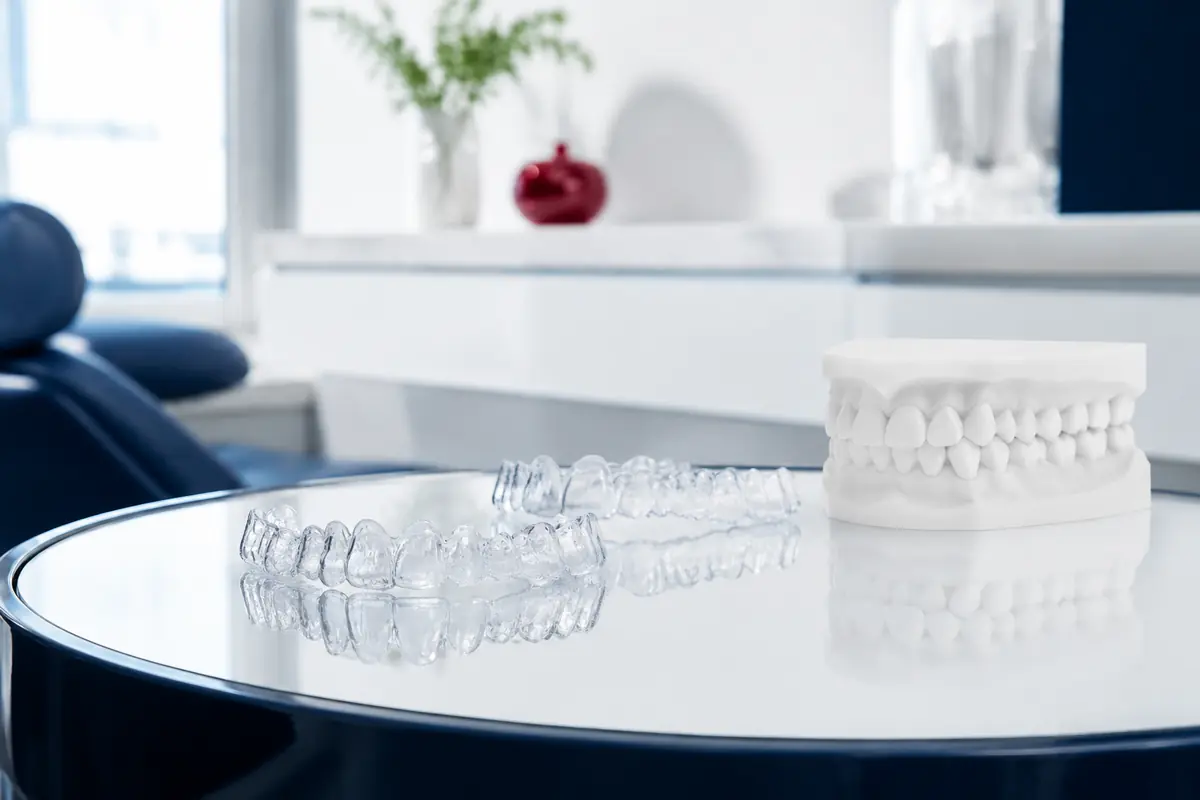 Clear dental aligners beside a clinical model